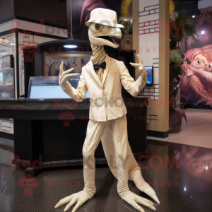 Cream Velociraptor mascot costume character dressed with a Bodysuit and Hats