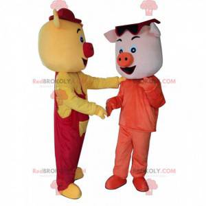 2 bunte und lustige Schweinemaskottchen, 2 Schweine -