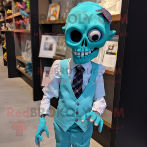 Turquoise Undead mascot costume character dressed with a Poplin Shirt and Pocket squares