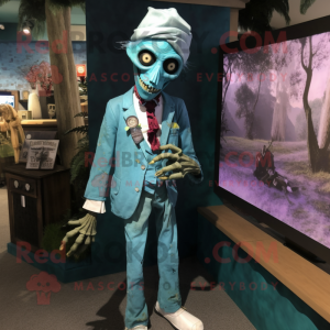 Turquoise Undead mascot costume character dressed with a Poplin Shirt and Pocket squares