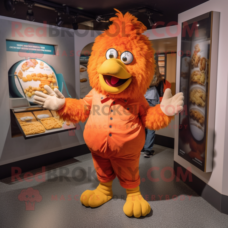 Peach Chicken Parmesan mascot costume character dressed with a Mom Jeans and Lapel pins