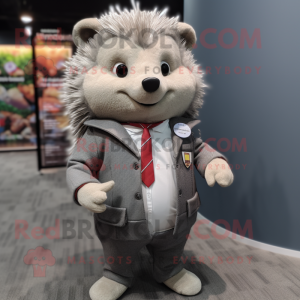 Gray Hedgehog mascot costume character dressed with a Blazer and Lapel pins