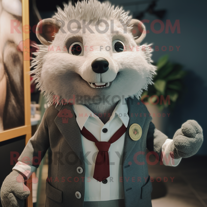 Gray Hedgehog mascot costume character dressed with a Blazer and Lapel pins