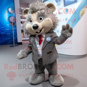 Gray Hedgehog mascot costume character dressed with a Blazer and Lapel pins