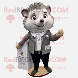 Gray Hedgehog mascot costume character dressed with a Blazer and Lapel pins