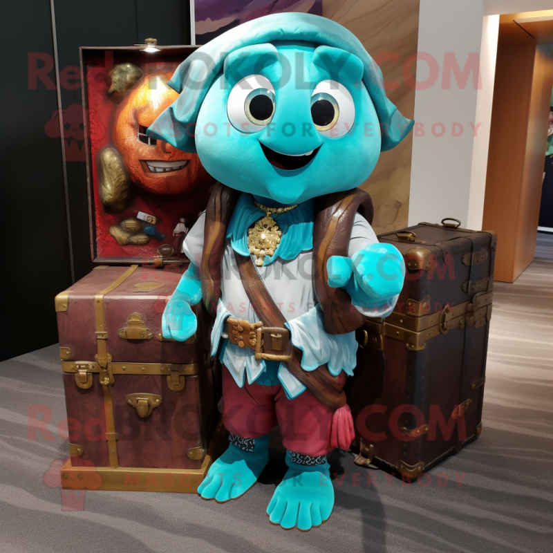 Turquoise Treasure Chest mascot costume character dressed with a Waistcoat and Backpacks