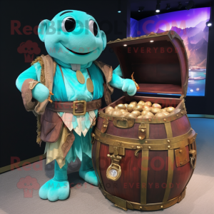 Turquoise Treasure Chest mascot costume character dressed with a Waistcoat and Backpacks