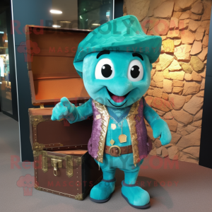 Turquoise Treasure Chest mascot costume character dressed with a Waistcoat and Backpacks