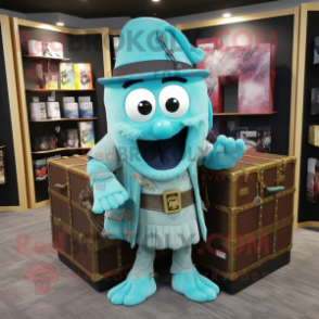 Turquoise Treasure Chest mascot costume character dressed with a Waistcoat and Backpacks