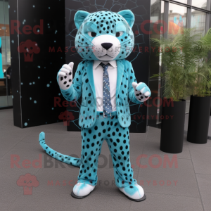 Cyan Leopard mascot costume character dressed with a Suit Jacket and Foot pads