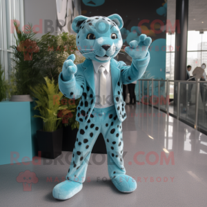 Cyan Leopard mascot costume character dressed with a Suit Jacket and Foot pads