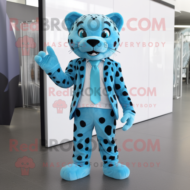 Cyan Leopard mascot costume character dressed with a Suit Jacket and Foot pads