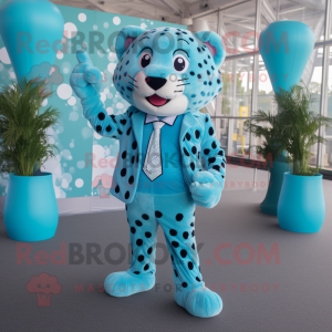 Cyan Leopard mascot costume character dressed with a Suit Jacket and Foot pads