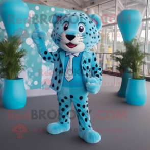 Cyan Leopard mascot costume character dressed with a Suit Jacket and Foot pads