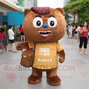 Brown Miso Soup mascot costume character dressed with a Polo Tee and Messenger bags