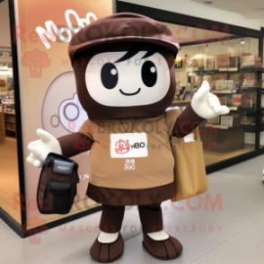Brown Miso Soup mascot costume character dressed with a Polo Tee and Messenger bags