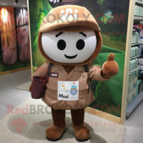 Brown Miso Soup mascot costume character dressed with a Polo Tee and Messenger bags