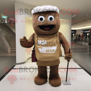 Brown Miso Soup mascot costume character dressed with a Polo Tee and Messenger bags