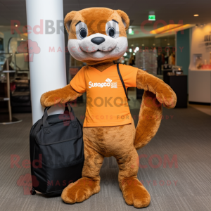 Rust Mongoose mascot costume character dressed with a Jeggings and Tote bags