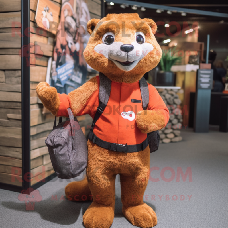 Rust Mongoose mascot costume character dressed with a Jeggings and Tote bags