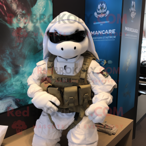 White Marine Recon mascot costume character dressed with a T-Shirt and Backpacks