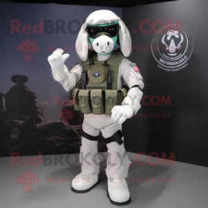 White Marine Recon mascot costume character dressed with a T-Shirt and Backpacks