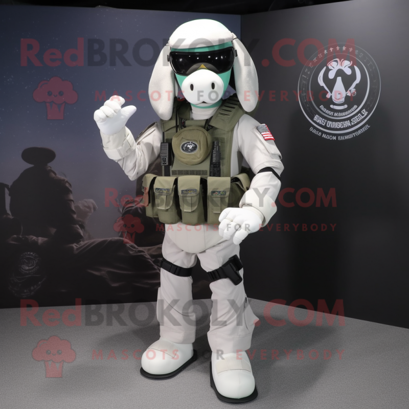 White Marine Recon mascot costume character dressed with a T-Shirt and Backpacks