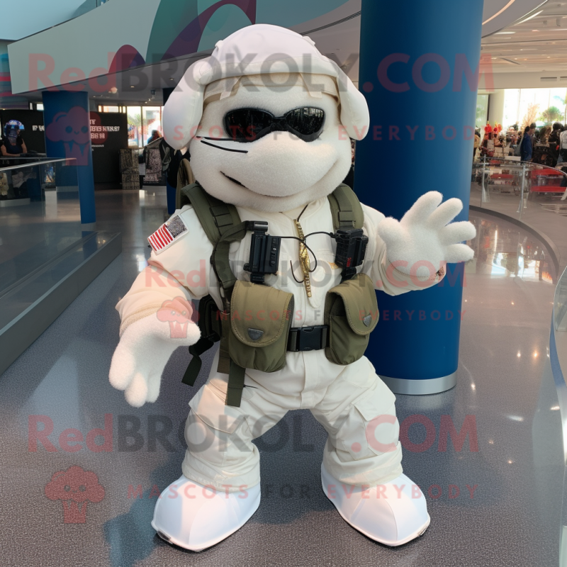 White Marine Recon mascot costume character dressed with a T-Shirt and Backpacks