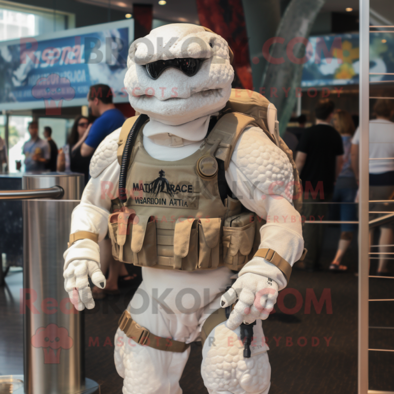 White Marine Recon mascot costume character dressed with a T-Shirt and Backpacks