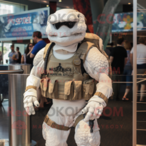 White Marine Recon mascot costume character dressed with a T-Shirt and Backpacks