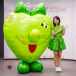 Lime Green Heart Shaped Balloons mascot costume character dressed with a Mini Skirt and Wraps