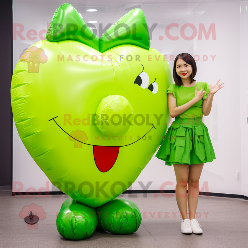 Lime Green Heart Shaped Balloons mascot costume character dressed with a Mini Skirt and Wraps Lime Green Heart Shaped Balloons mascot costume character dressed with a Mini Skirt and Wraps