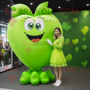 Lime Green Heart Shaped Balloons mascot costume character dressed with a Mini Skirt and Wraps
