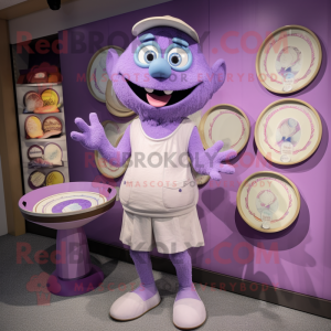 Lavender Plate Spinner mascot costume character dressed with a Shorts and Coin purses