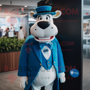 Blue Guernsey Cow mascot costume character dressed with a Tuxedo and Tie pins