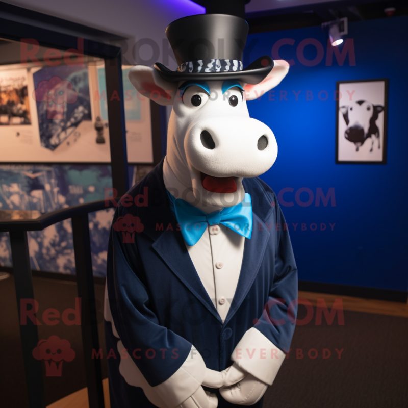 Blue Guernsey Cow mascot costume character dressed with a Tuxedo and Tie pins Blue Guernsey Cow mascot costume character dressed with a Tuxedo and Tie pins