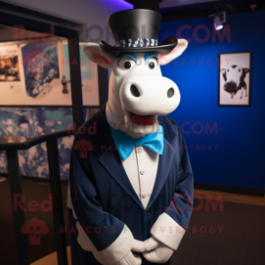 Blue Guernsey Cow mascot costume character dressed with a Tuxedo and Tie pins