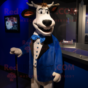 Blue Guernsey Cow mascot costume character dressed with a Tuxedo and Tie pins