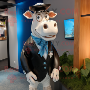 Blue Guernsey Cow mascot costume character dressed with a Tuxedo and Tie pins