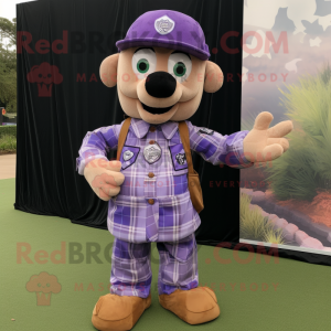 Lavender Special Air Service mascot costume character dressed with a Flannel Shirt and Earrings