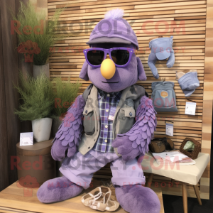 Lavender Special Air Service mascot costume character dressed with a Flannel Shirt and Earrings