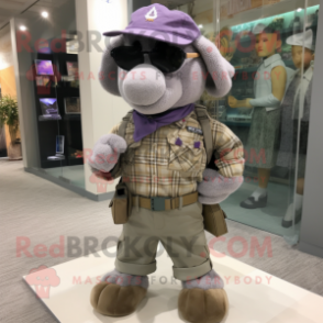 Lavender Special Air Service mascot costume character dressed with a Flannel Shirt and Earrings