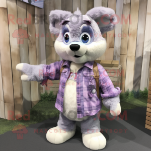 Lavender Special Air Service mascot costume character dressed with a Flannel Shirt and Earrings