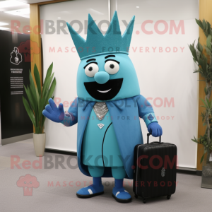 Cyan King mascot costume character dressed with a Dress Pants and Briefcases