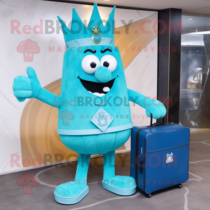 Cyan King mascot costume character dressed with a Dress Pants and Briefcases