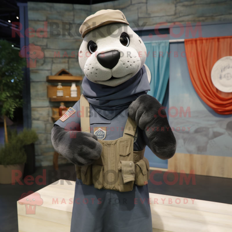 Gray Navy Seal mascot costume character dressed with a Tank Top and Scarves