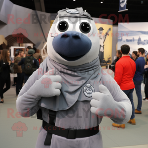 Gray Navy Seal mascot costume character dressed with a Tank Top and Scarves