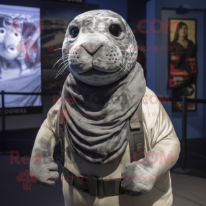 Gray Navy Seal mascot costume character dressed with a Tank Top and Scarves
