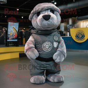 Gray Navy Seal mascot costume character dressed with a Tank Top and Scarves