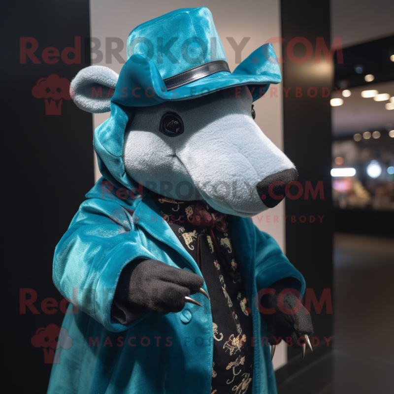 Teal Tapir mascot costume character dressed with a Coat and Hats Teal Tapir mascot costume character dressed with a Coat and Hats